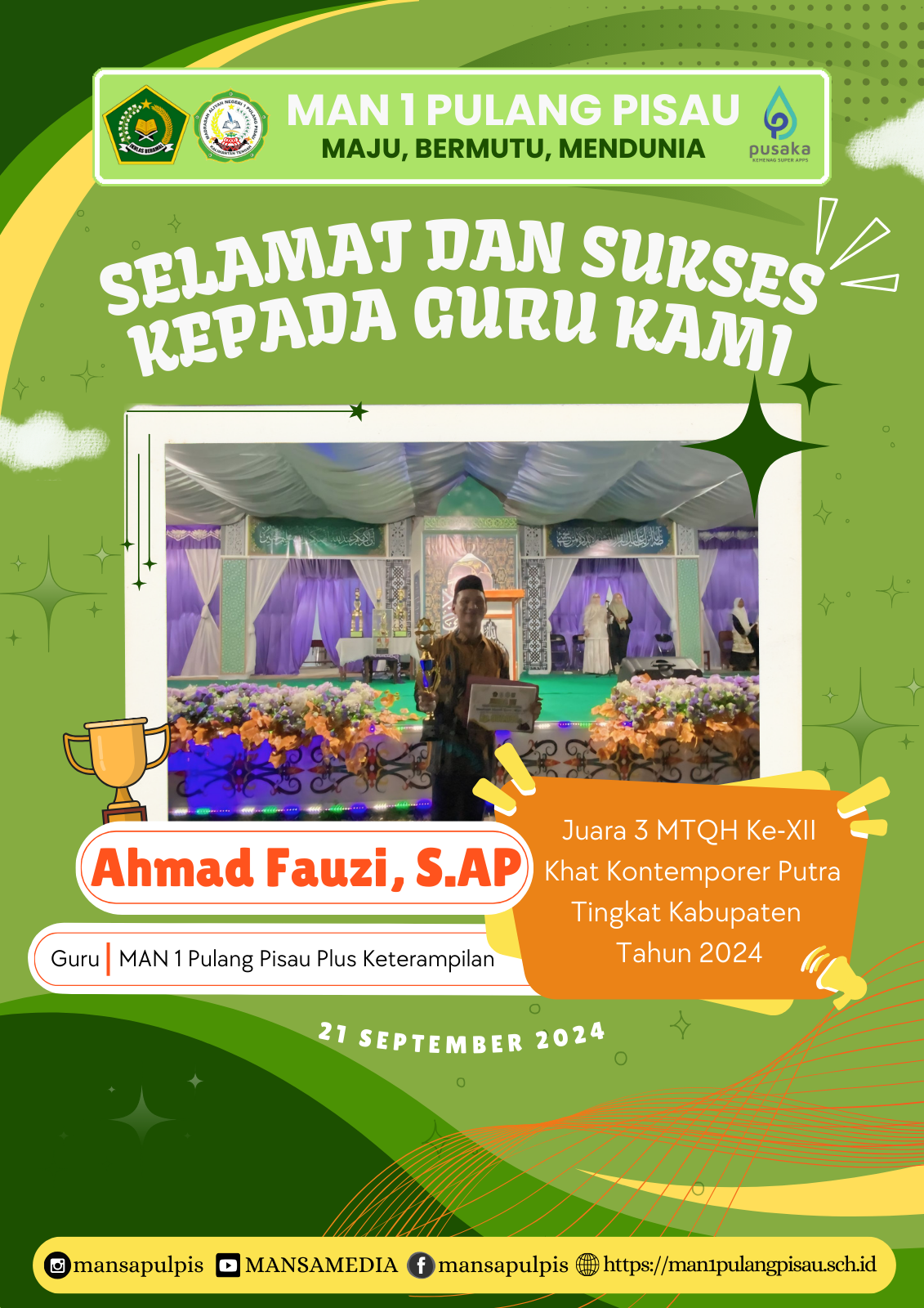 GURU MAN 1 PULANG PISAU PLUS KETERAMPILAN MERAIH JUARA 3 DALAM MTQH KE-XII TINGKAT KABUPATEN PULANG PISAU